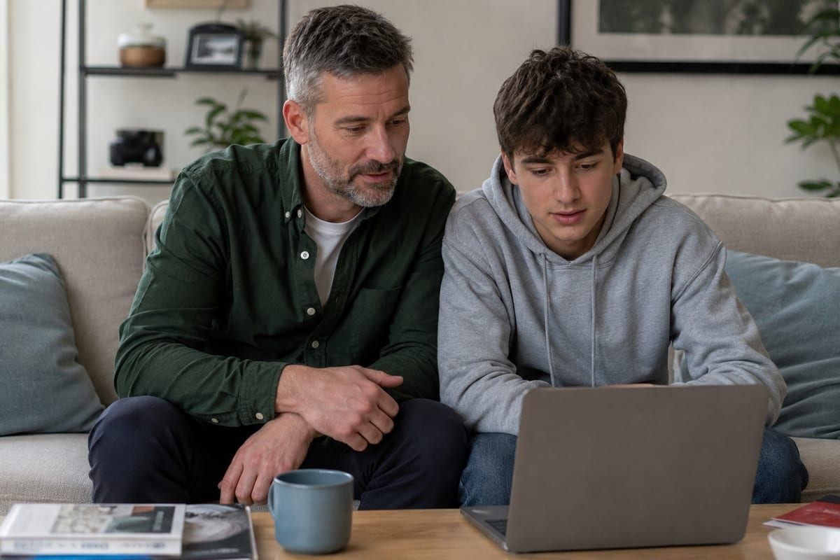 Parent and teen reviewing learning progress together on a laptop at home