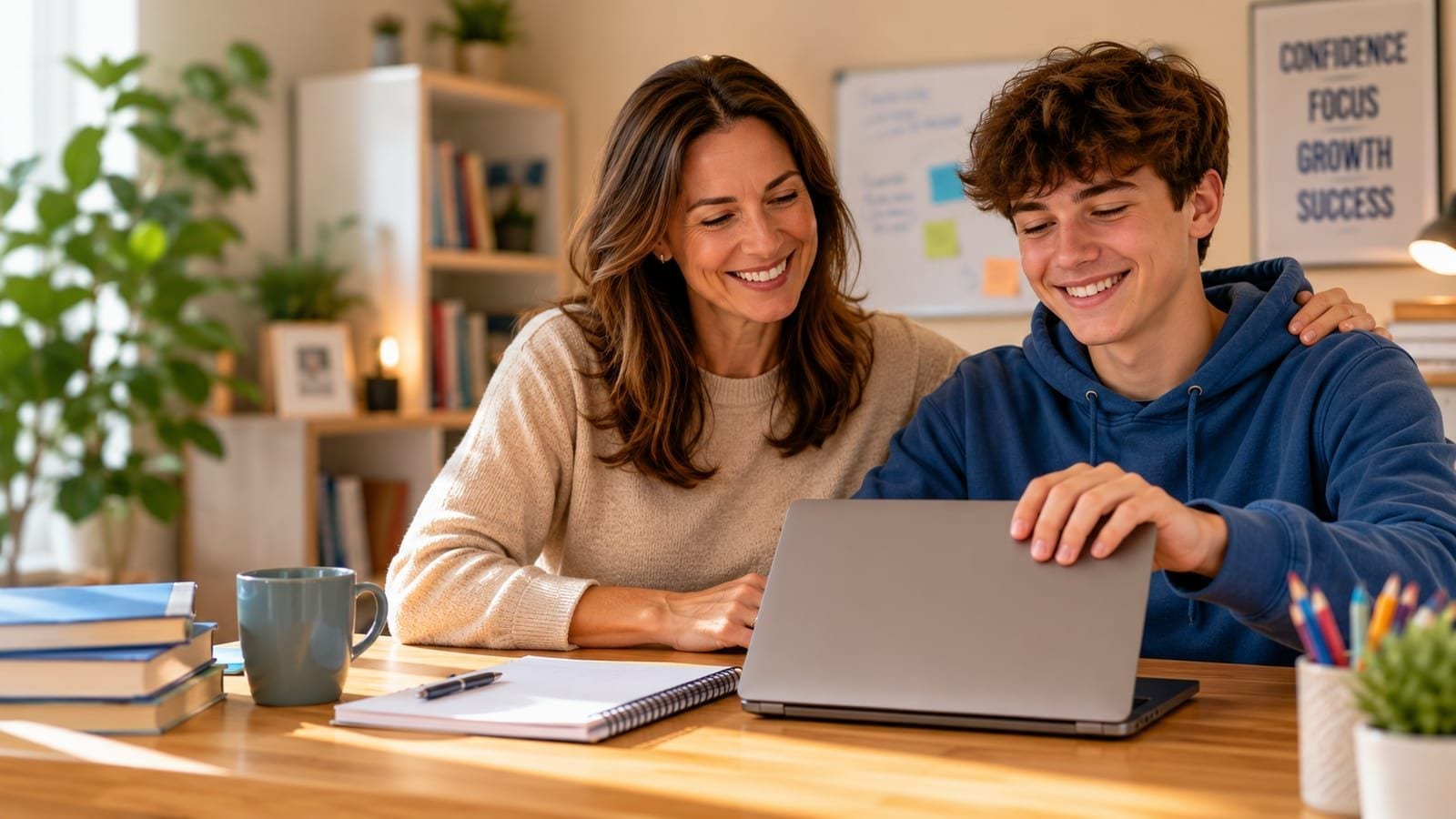 A family gathered on their living room couch looking at a laptop showing a tutoring progress report. Genuine expressions of relief and pride in a lived-in home.