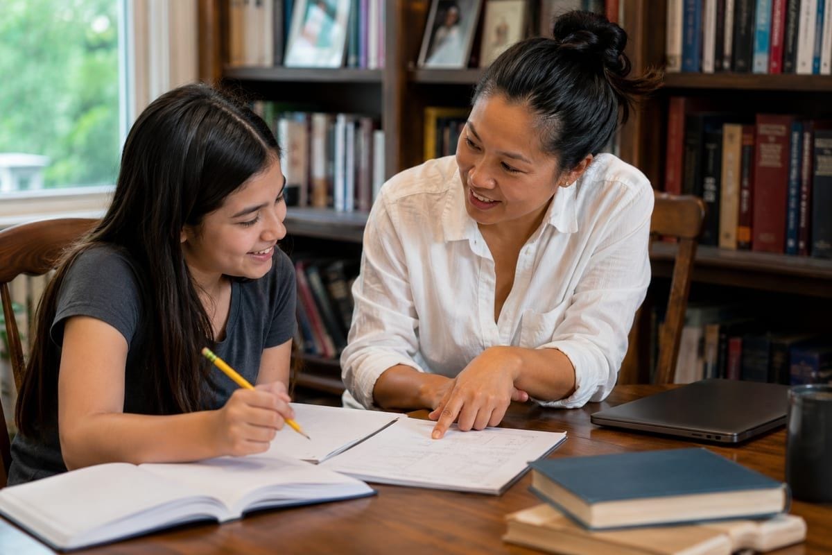 Dedicated tutor and student in a real focused 1:1 session at a wooden table