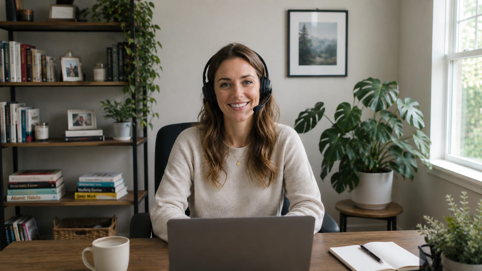 A warm, professional Black female tutor in a real home office smiling encouragingly during a video call with her focused student on screen. Natural daylight, plants, family photos, and personal details everywhere. Genuine human connection and authentic teaching moment.