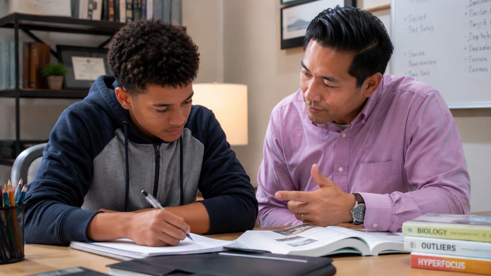 Diverse high school student and attentive tutor in a focused 1:1 session